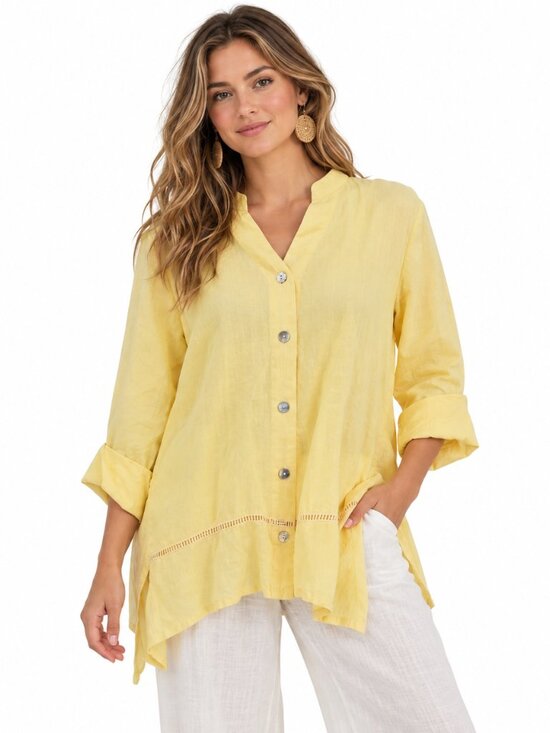 Symple MK Tops - Oversized Linen Button Up Tunic‎ S Yellow Lace Inset Lagenlook Coastal Resort